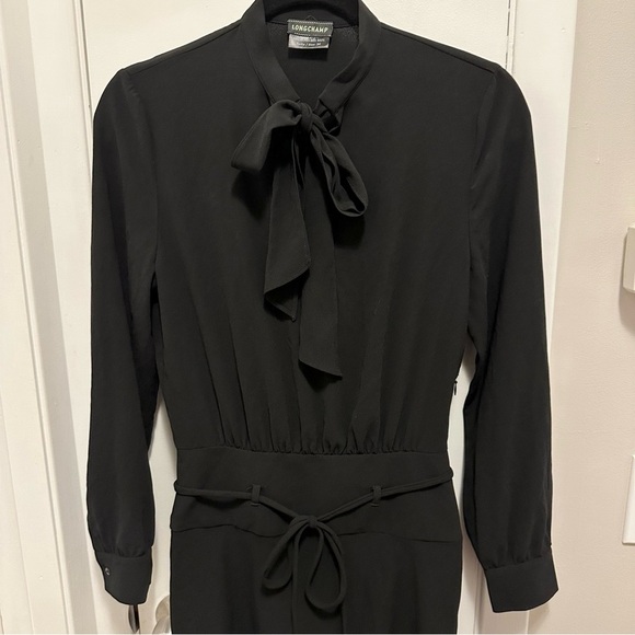 Longchamp Tie Neck Fit Flare Shirt Dress black knee length long slv stretch XS - Picture 2 of 10